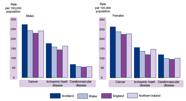 Figure 1.25 Age-adjusted mortality rates, by selected cause and sex, 2006