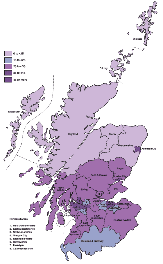 Figure 1.38 Percentage of dwellings which are flats in each local authority area, 2007