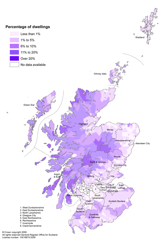 Figure 8.10 Percentage of dwellings which are second homes, in each data zone in Scotland, 2008